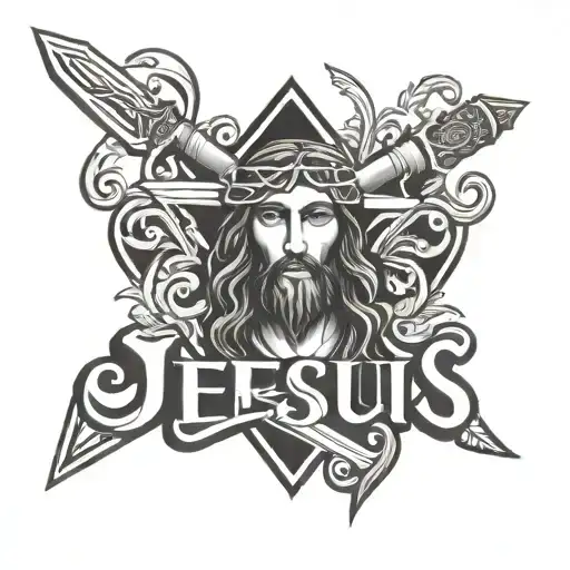 Word Jesus In Cursive Wrapped Around A Sword