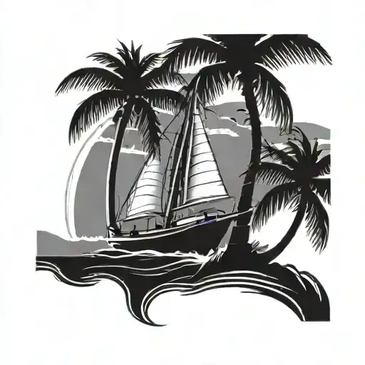 Boat With A Sail Against The Background Of Palm Trees