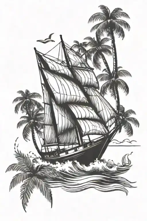 Boat With A Sail Against The Background Of Palm Trees