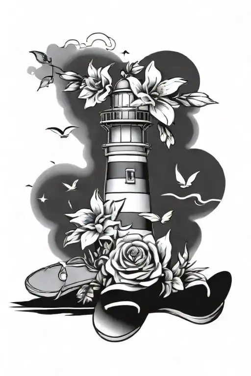 Lighthouse With Flip Flops And Flowers