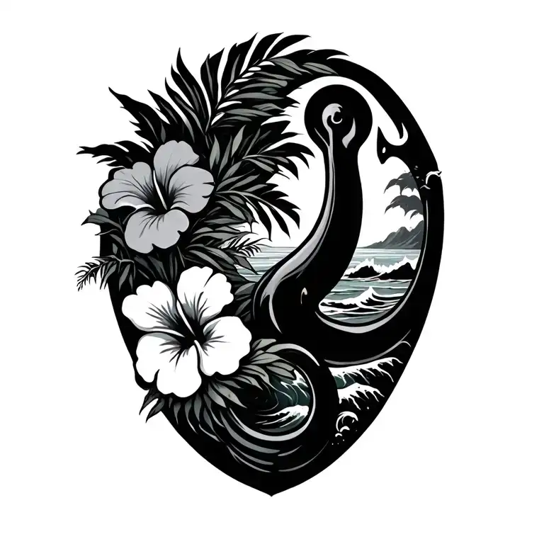 Maui Hook With Waves And Beach And Hibiscus Flowers