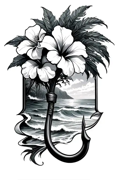 Maui Hook With Waves And Beach And Hibiscus Flowers