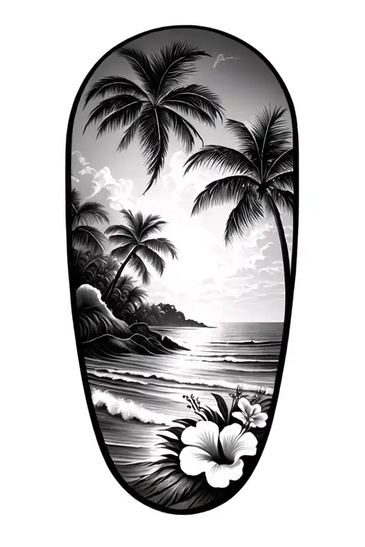 Waves And Beach And Hibiscus Flowers Palm Tree