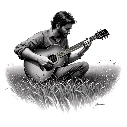 Playing Guitar Looking Over A Field