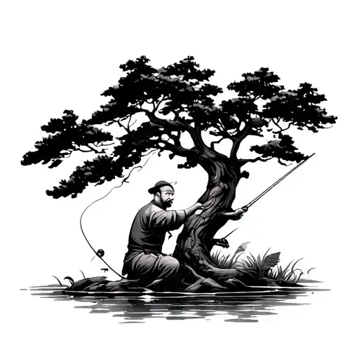 Middle-aged Asian Man Fishing Under A Tree Made