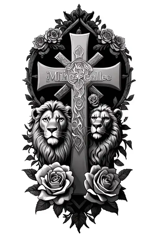 Religious Cross With Lion And Roses And My Wife's Name Michelle