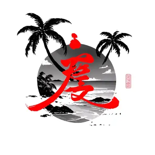 Red Chinese Lettering With A Beach And Palm Trees On The Forearm