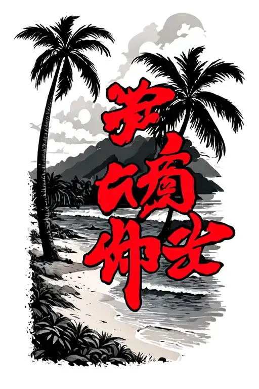 Red Chinese Lettering With A Beach And Palm Trees On The Forearm That Fills Out The Forearm
