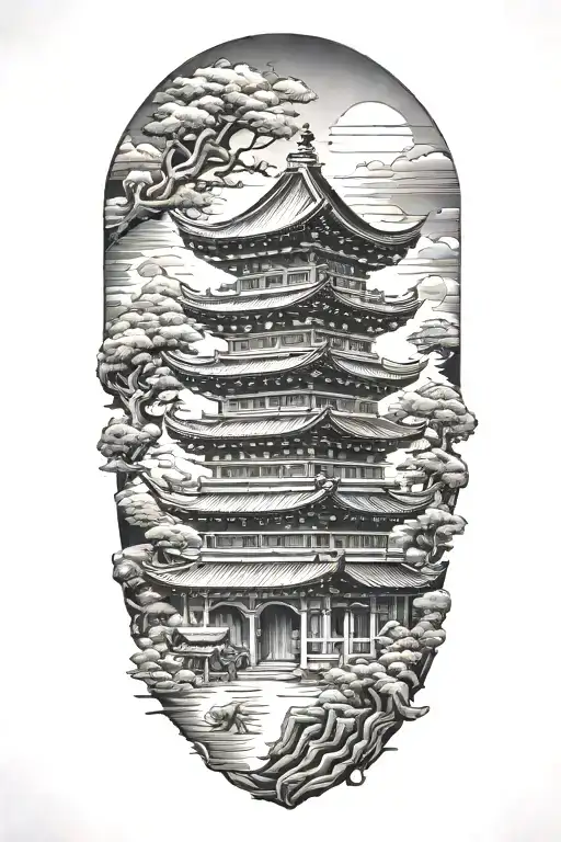 Samurai Japanese Pagoda Tam Dao Inside A Rectangle