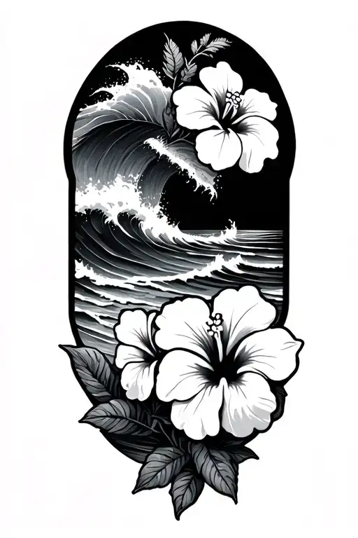 Beach And Ocean Waves With Small Hibiscus Flowers