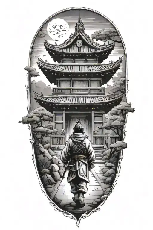 Samurai Japanese Pagoda Temple Gate At The Bottom Little Child Walking