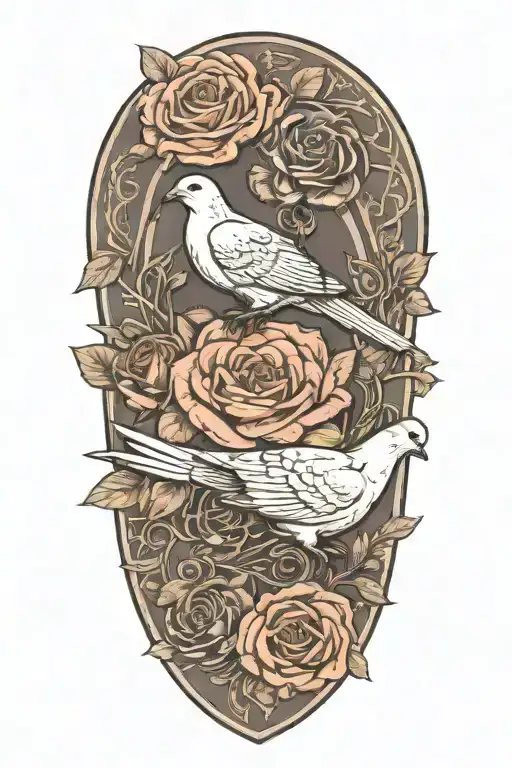 Wreath Of Roses A Seated Dove Perched And Army Dog Tags With Chain Necklace