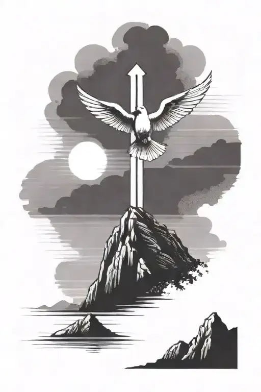 Cross On A Mountain With Sunshine Beams Behind It With The Holy Spirit Dove Flying Above It