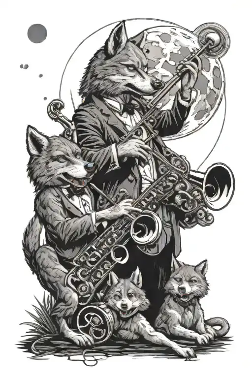 A New Orleans Jazz Band Playing Under A Full Moon With A Wolf In The Background