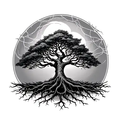 A Tree Of Life With Roots That Morph Into Electrical Wires Branching Out Into Nature