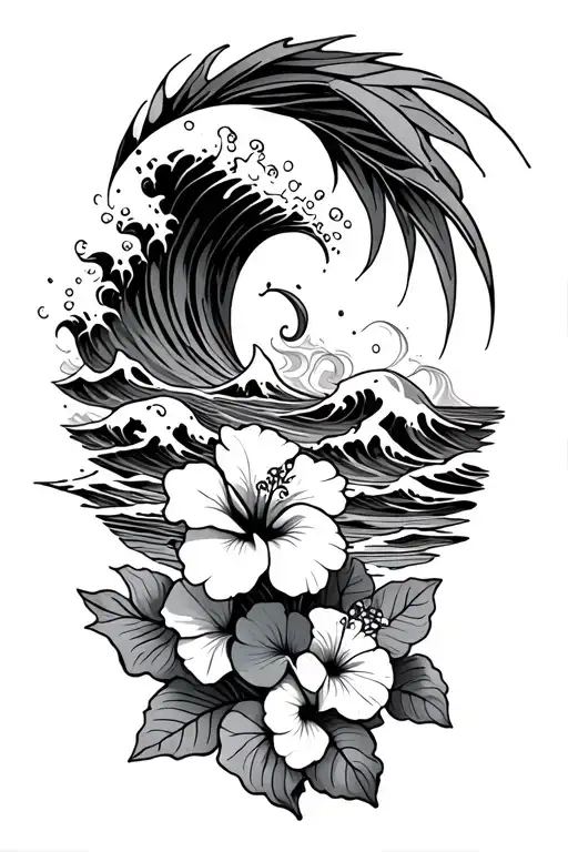 Ocean Waves Crashing In The Background Hibiscus Flowers On The Bottom