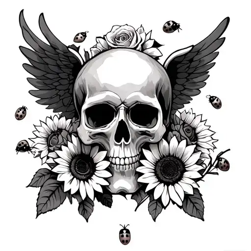 Skull With Wings Surrounded By Roses Sunflowers And Ladybugs