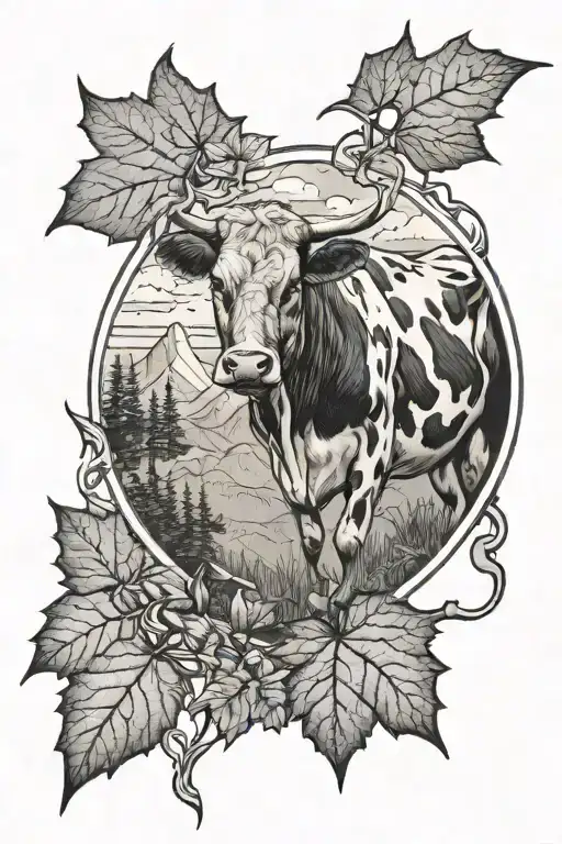 Cow And Mountains Inside Of A Maple Leaf