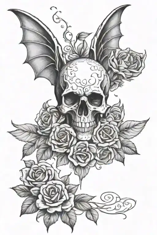 Skull With Bat Wings And Roses
