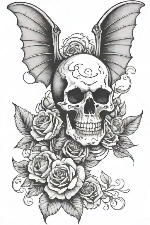 Skull With Bat Wings And Roses