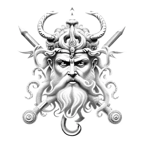 Poseidon God Of The Sea With Trident And Dagger Through His Eye