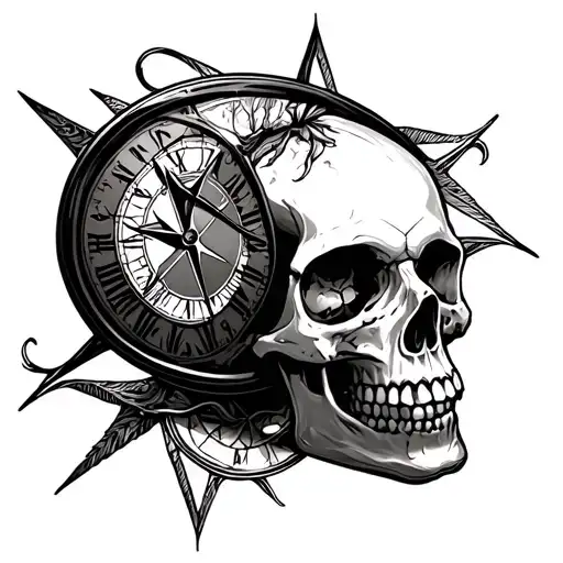 Hourglass Clock Inside Skull Made Compass Intertwined