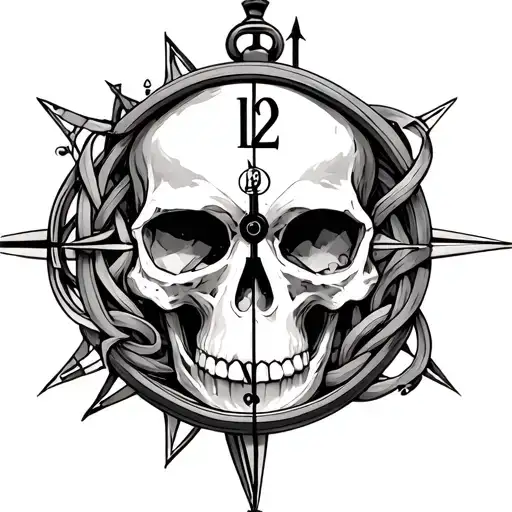 Hourglass Clock Inside Skull Made Compass Intertwined