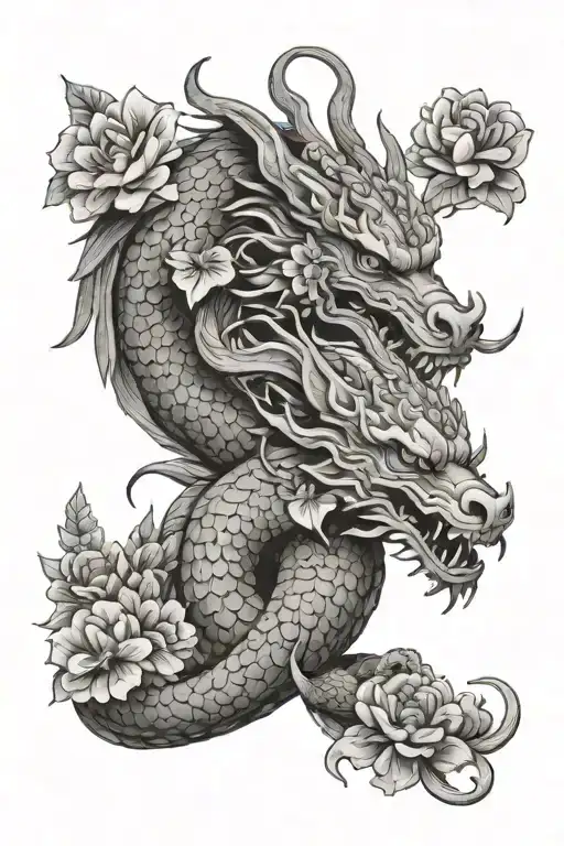 Japanese Dragon Wrapped With Flowers And Egyptian Pyramid