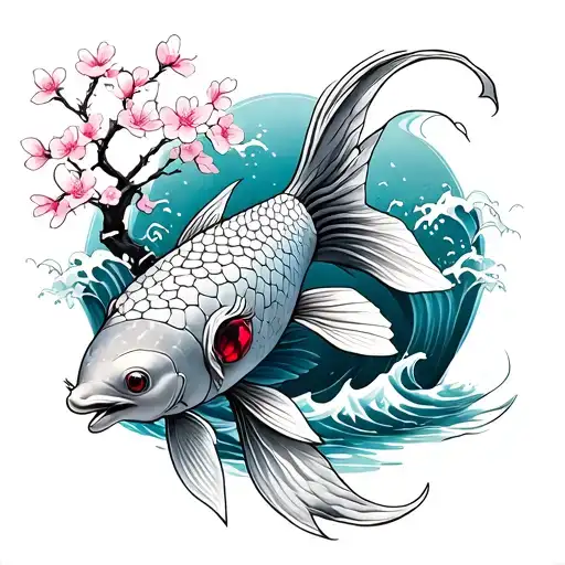 Koi Fish With Garnet Eyes And Cherry Blossom Tree With Waves