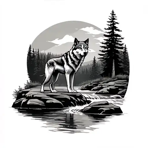 Wolf Standing On Rock With A River In A Forest