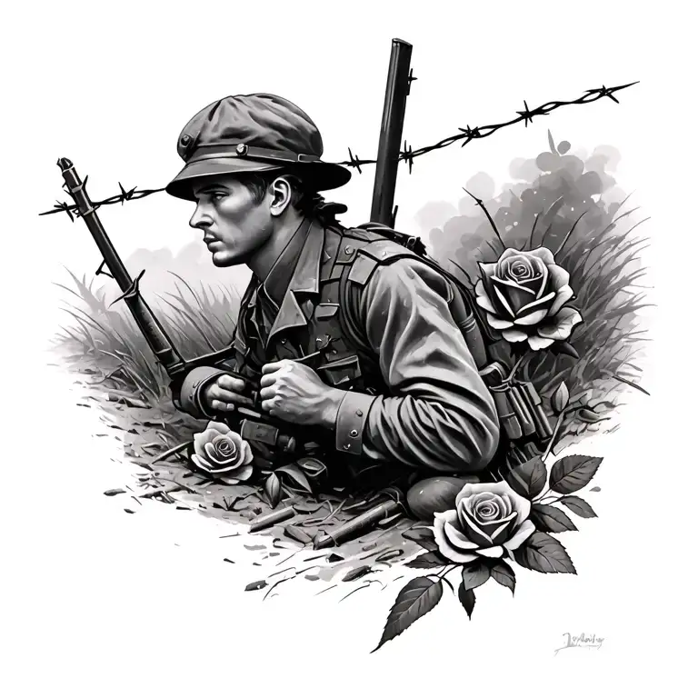 British Soldier Ww2 Assault Trenches With Barbed Wire With Roses