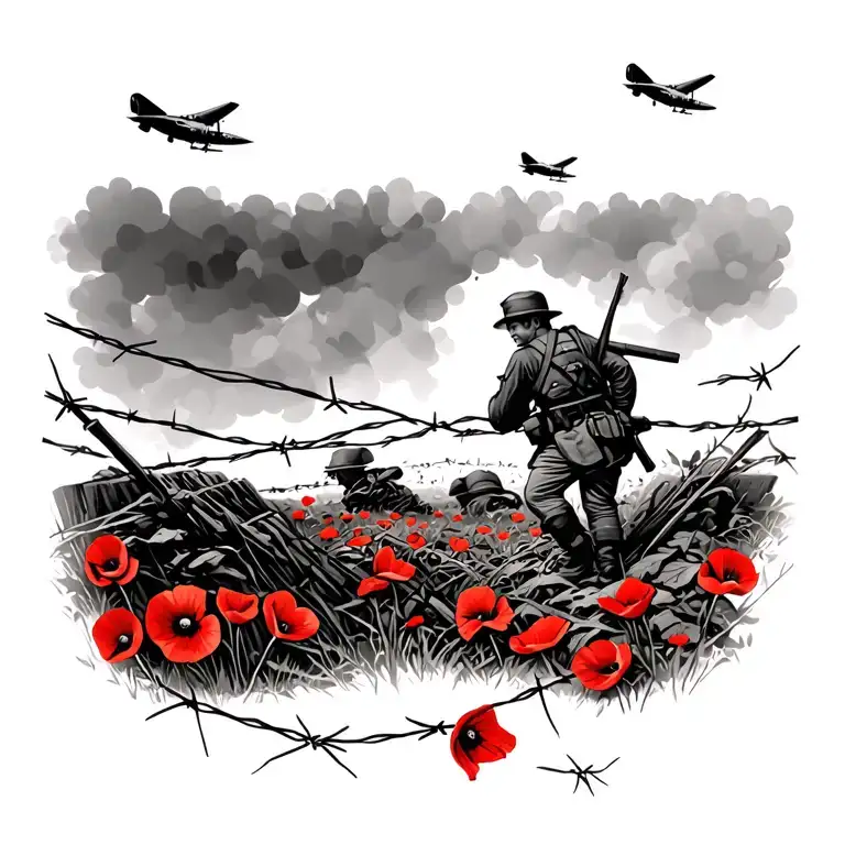 British Tommy Soldier Ww2 Assault Trenches With Barbed Wire With Red Poppies And Bombers Flying Over