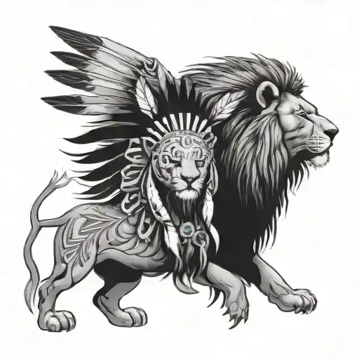 American Native Indian And Lion Wearing