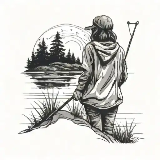 Messy Sketch From Behind Of A Girl Standing On A Mound Holding A Fishing Rod