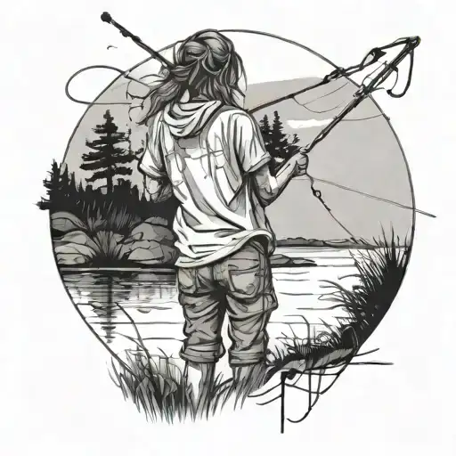 Messy Sketch From Behind Of A Girl Standing On A Mound Holding A Fishing Rod With Thin Lines