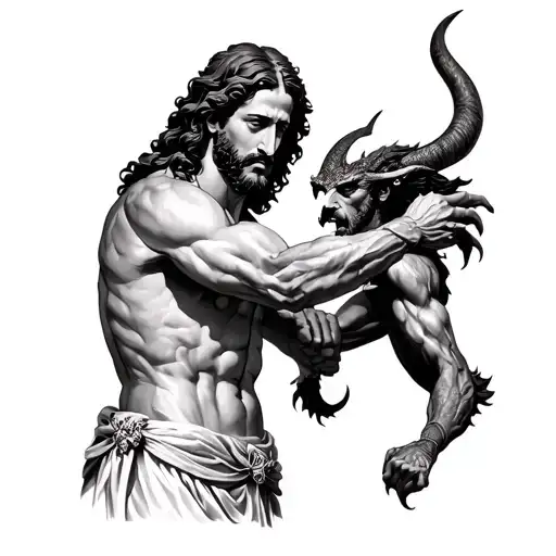 Jesus Arm Wrestling The Devil Realistic Black And Grey