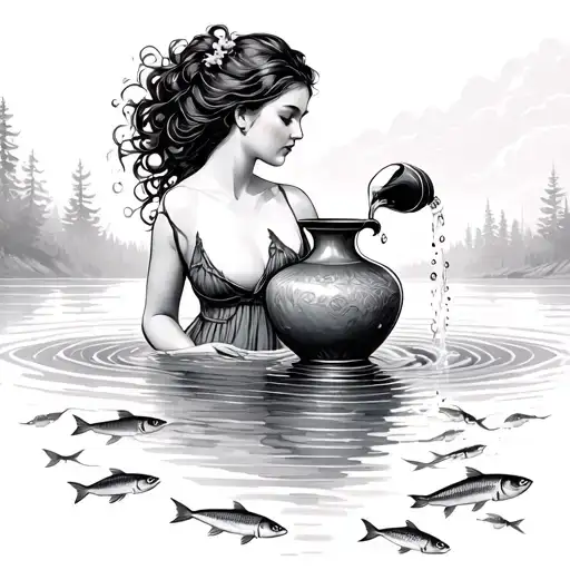 Woman Pouring Water From Vase Into A Lake Full Of Fish