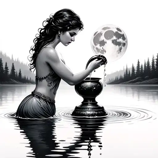 Woman Pouring Water From Vase Into A Lake Full Moon