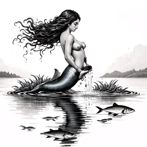 Mermaid Pouring Water Into A Lake Of Fish