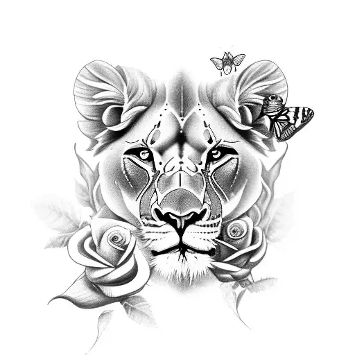 Lioness With Butterfly And Rose