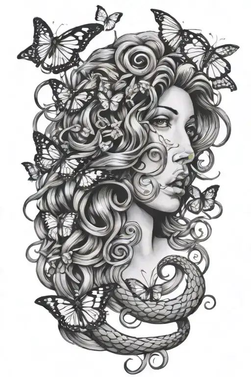 Medusa Snake Hair Surrounded By Butterflies Fluttering