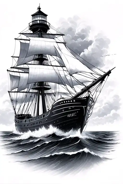 Ship And Lighthouse Standing Tall