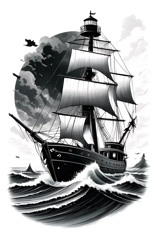 Ship And Lighthouse Standing Tall Amidst Crashing Waves