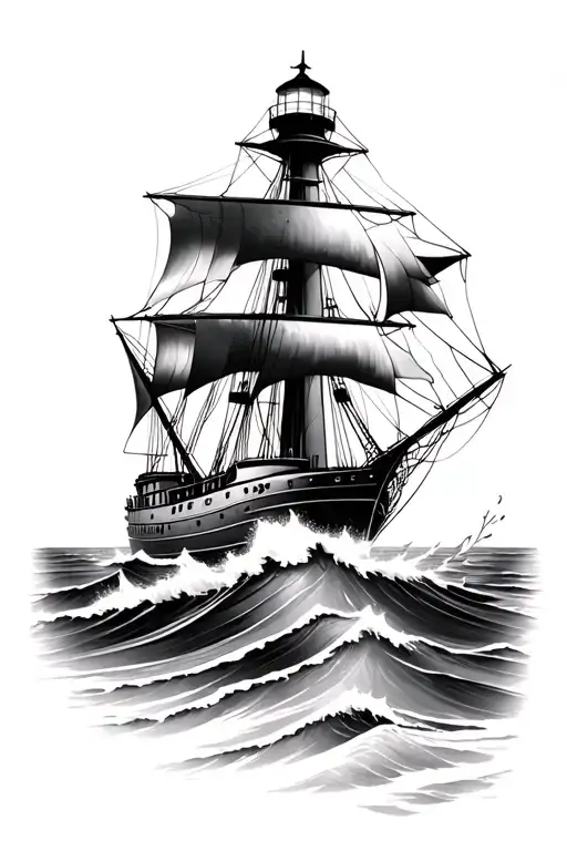 Ship In Front Of Lighthouse Standing Tall Amidst Crashing Waves