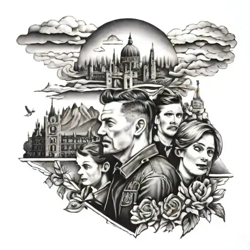 A Portrait Of A Family With London Landmarks And Mountain Peaks In The Background
