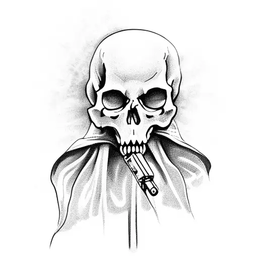 Skeleton In Reaper Robe Holding A Machine Gun In Holy Mary Pose