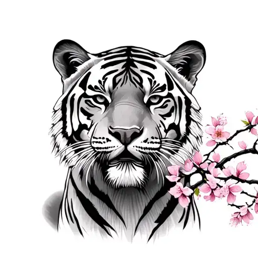 Tiger With Cherry Blossom Tree