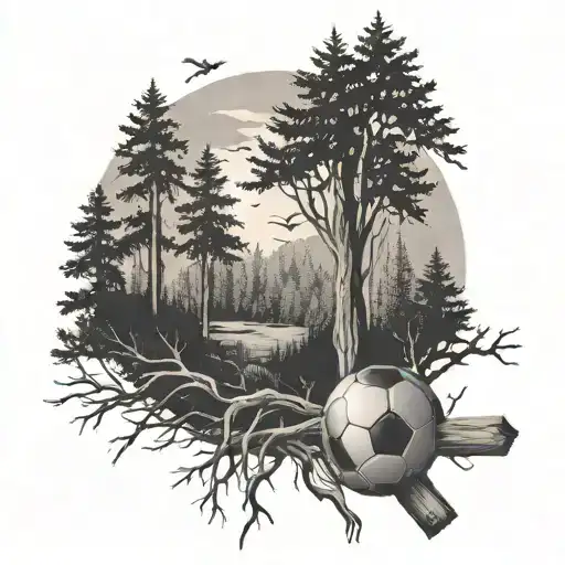 A Forest Scene With A Cross Made Out Of Tree Branches And A Soccer Ball Hidden Among The Trees