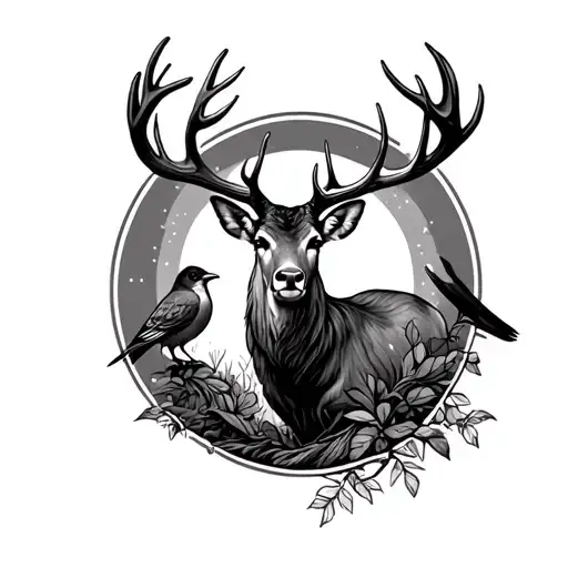 Line Drawing Of A Stag With A Bird Sitting On It