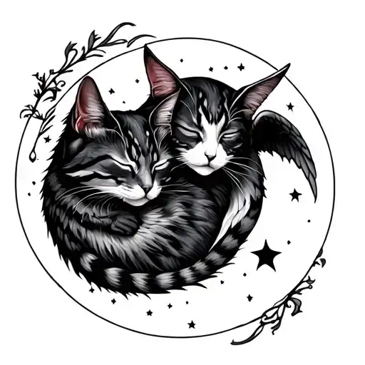 Angel And Devil Cat Sleeping Moon Surrounded